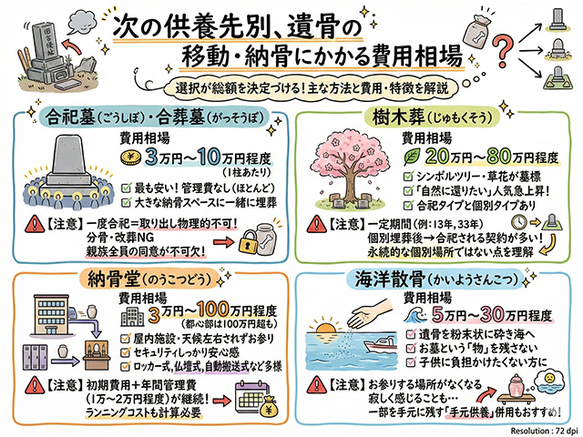 次の供養先別、遺骨の移動・納骨にかかる費用相場