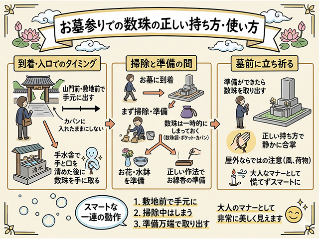 お墓参りでの数珠の正しい持ち方・使い方